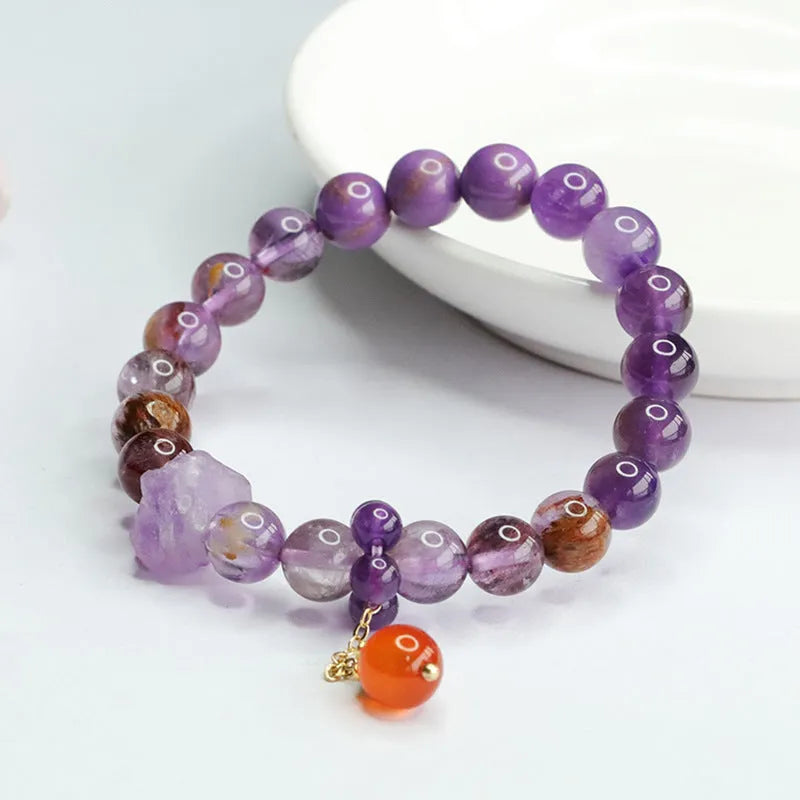 Natural nine purple fire Duobao crystal bracelet with amethyst beads and red agate accents in Mori style