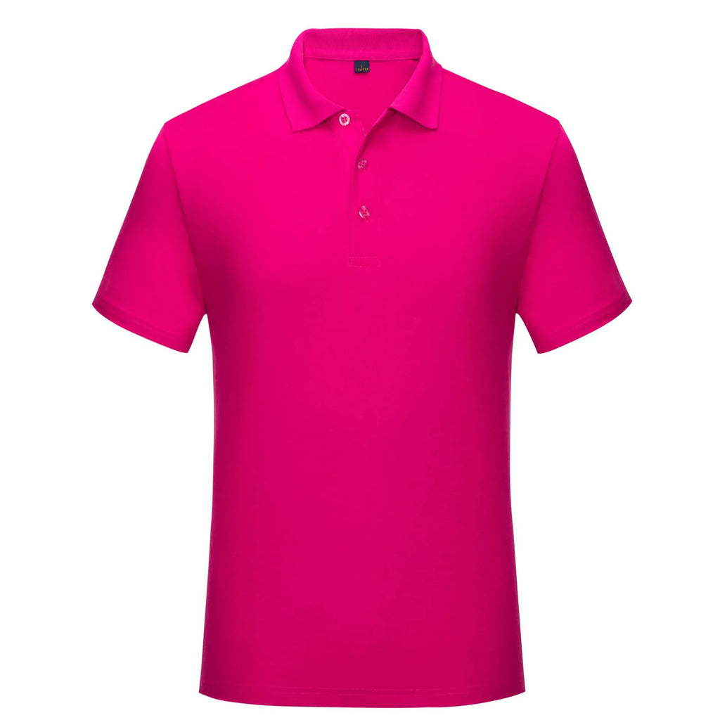 Solid colour cotton short sleeve polo shirt work uniform in multiple colours on a hanger