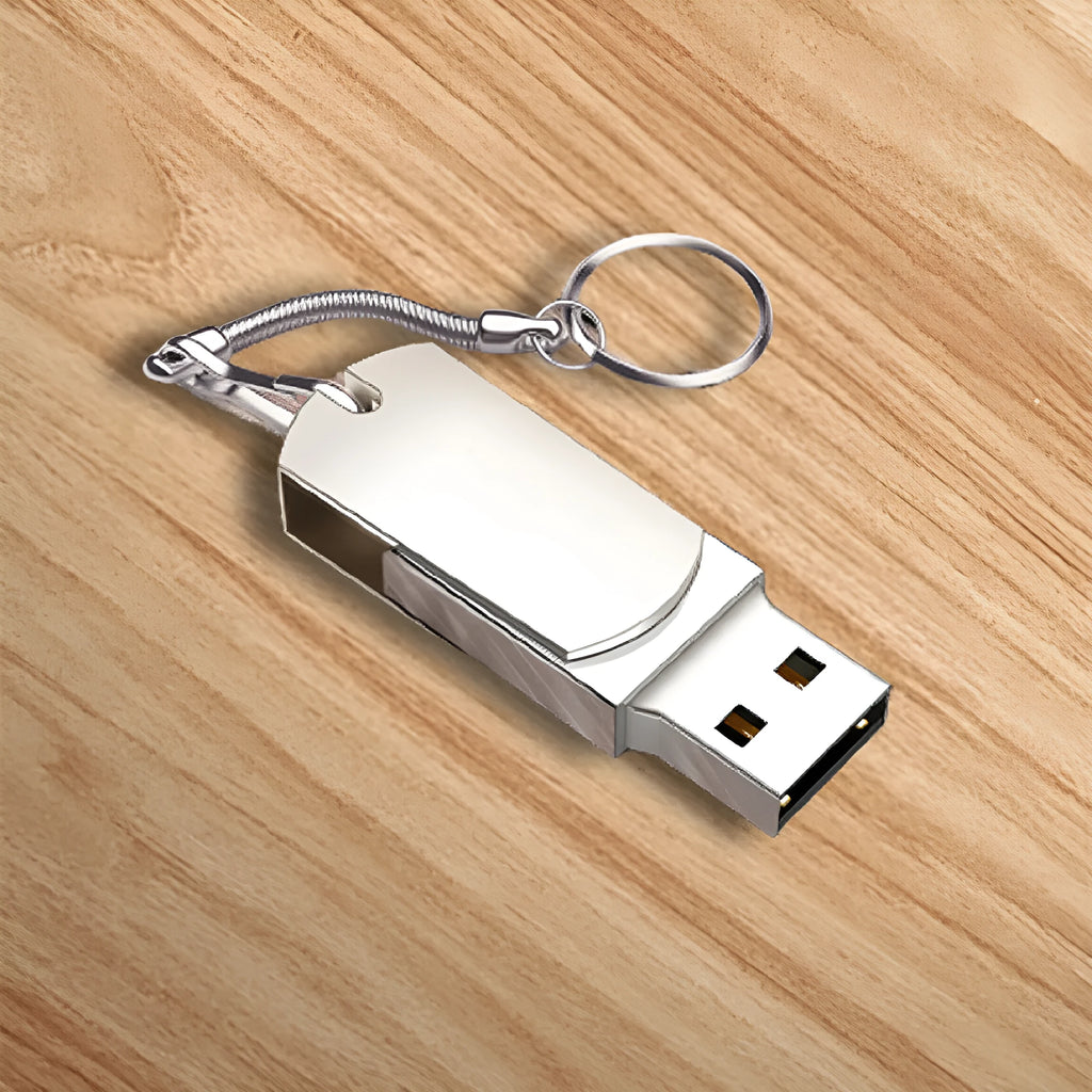 White metal rotating USB flash drive showing compact size and rotating mechanism