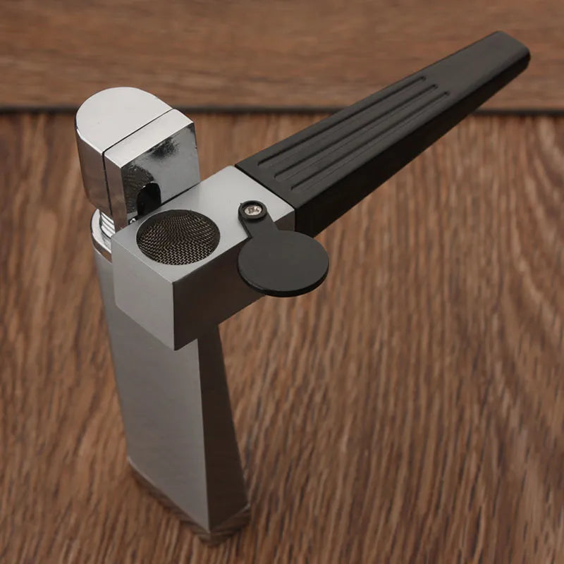 Silver foldable metal pipe lighter showing open flame and stash compartment.