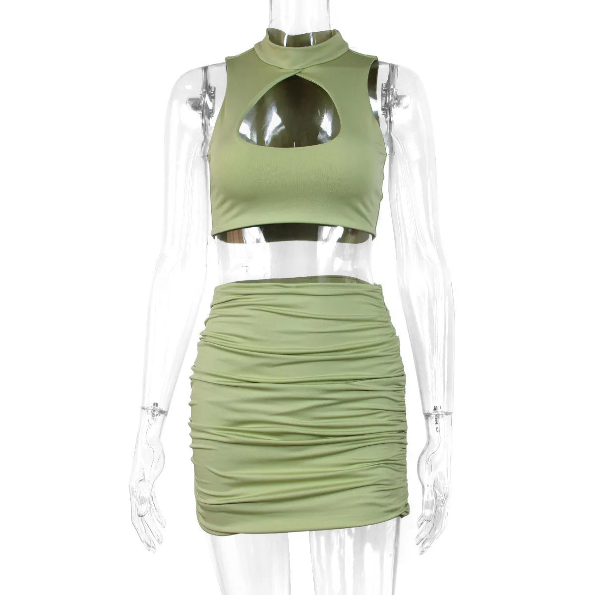 Light purple women's hollow vest and split skirt two-piece co-ord set on a model.