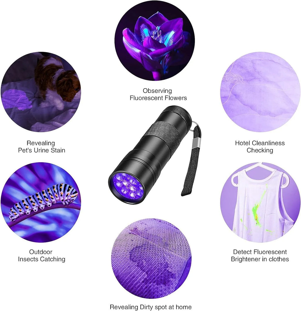 Black or silver UV flashlight torch for detecting pet urine, bed bugs, and scorpions