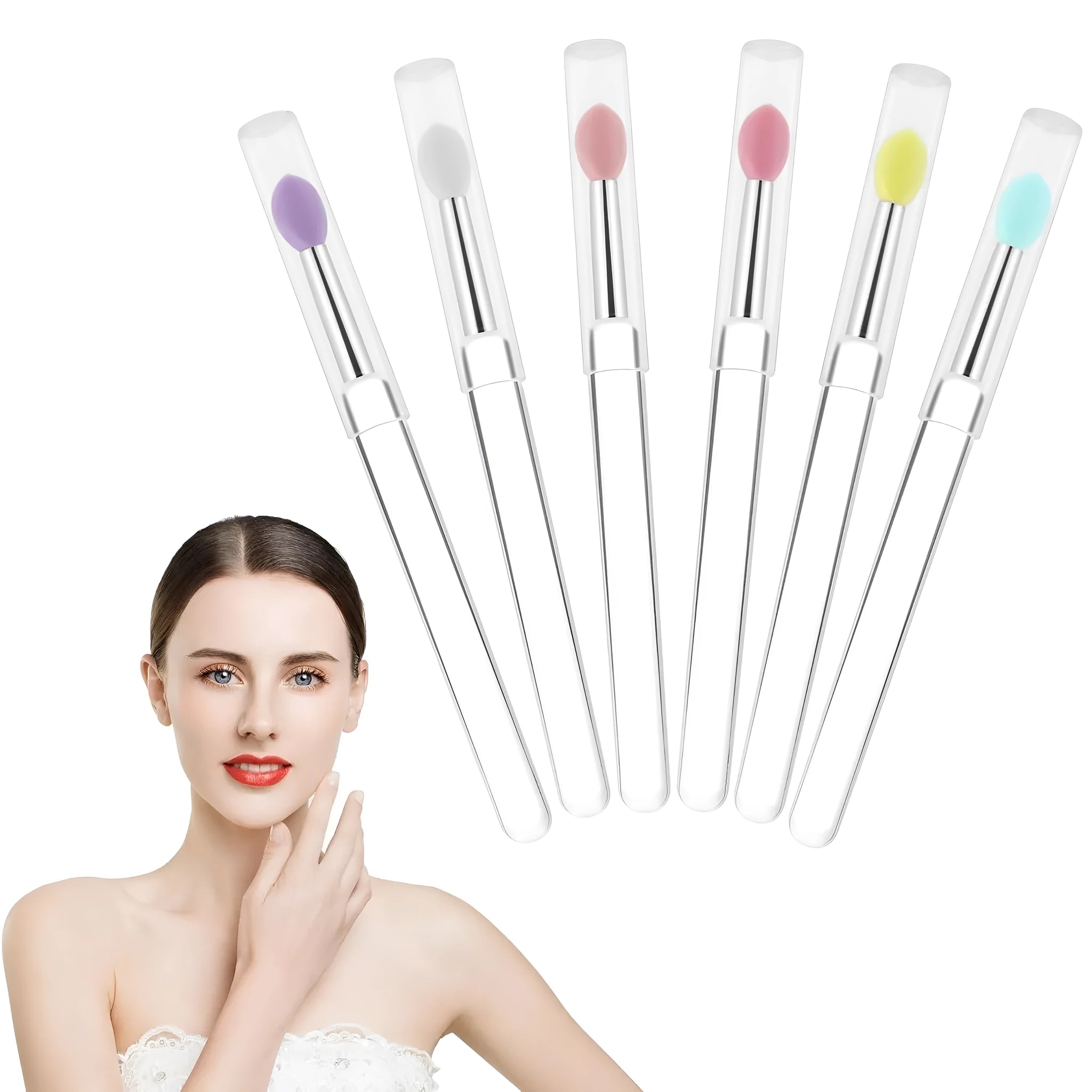 Set of four reusable silicone lip brushes with protective caps in assorted colours