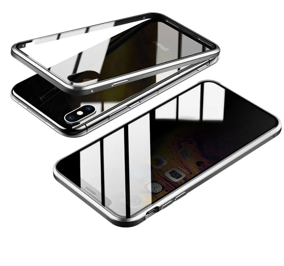 Anti-spy privacy phone case in black with a glass screen guard, shown next to an iPhone.