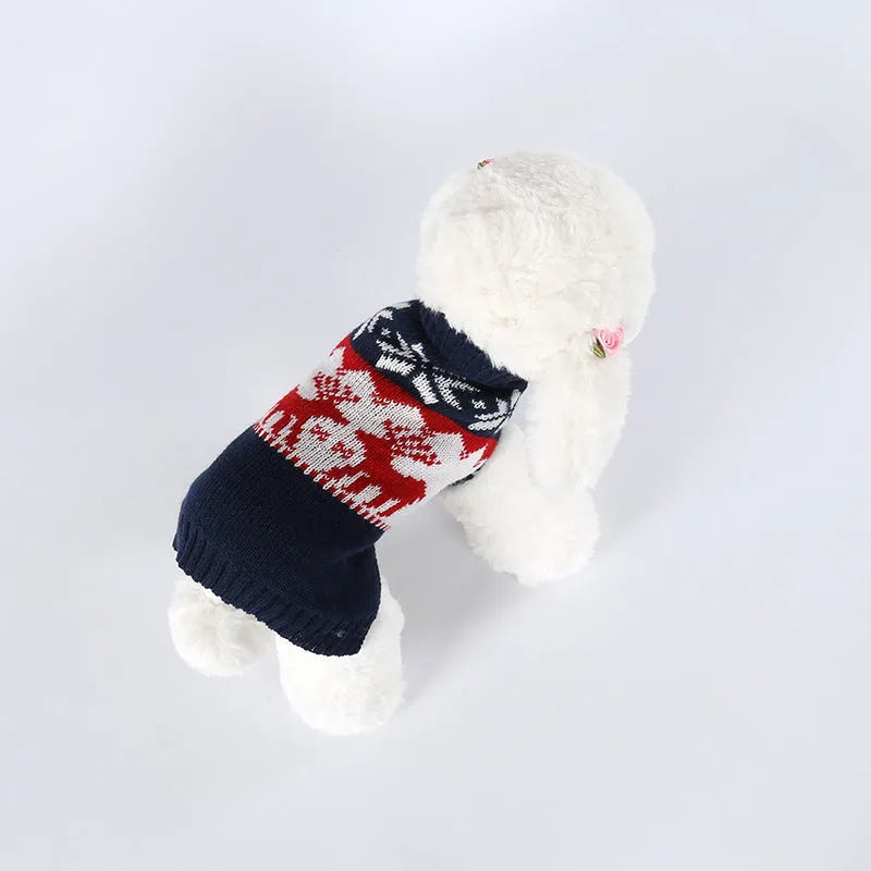 Navy blue Christmas dog knitted sweater with reindeer and star patterns, ribbed collar and hem