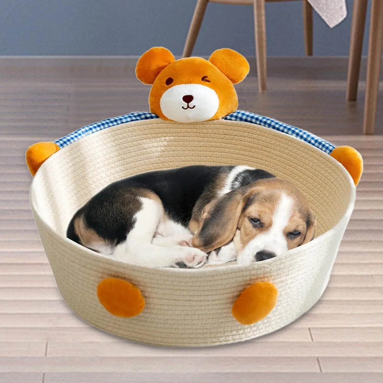 Woven cotton rope cat bed and scratching post in bear design, showing basket shape.