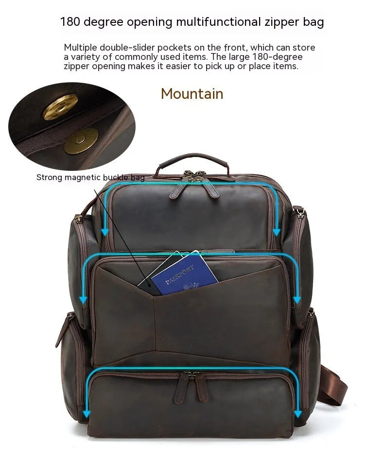 Dark brown genuine leather backpack for men with 17-inch laptop compartment and multiple internal organisers