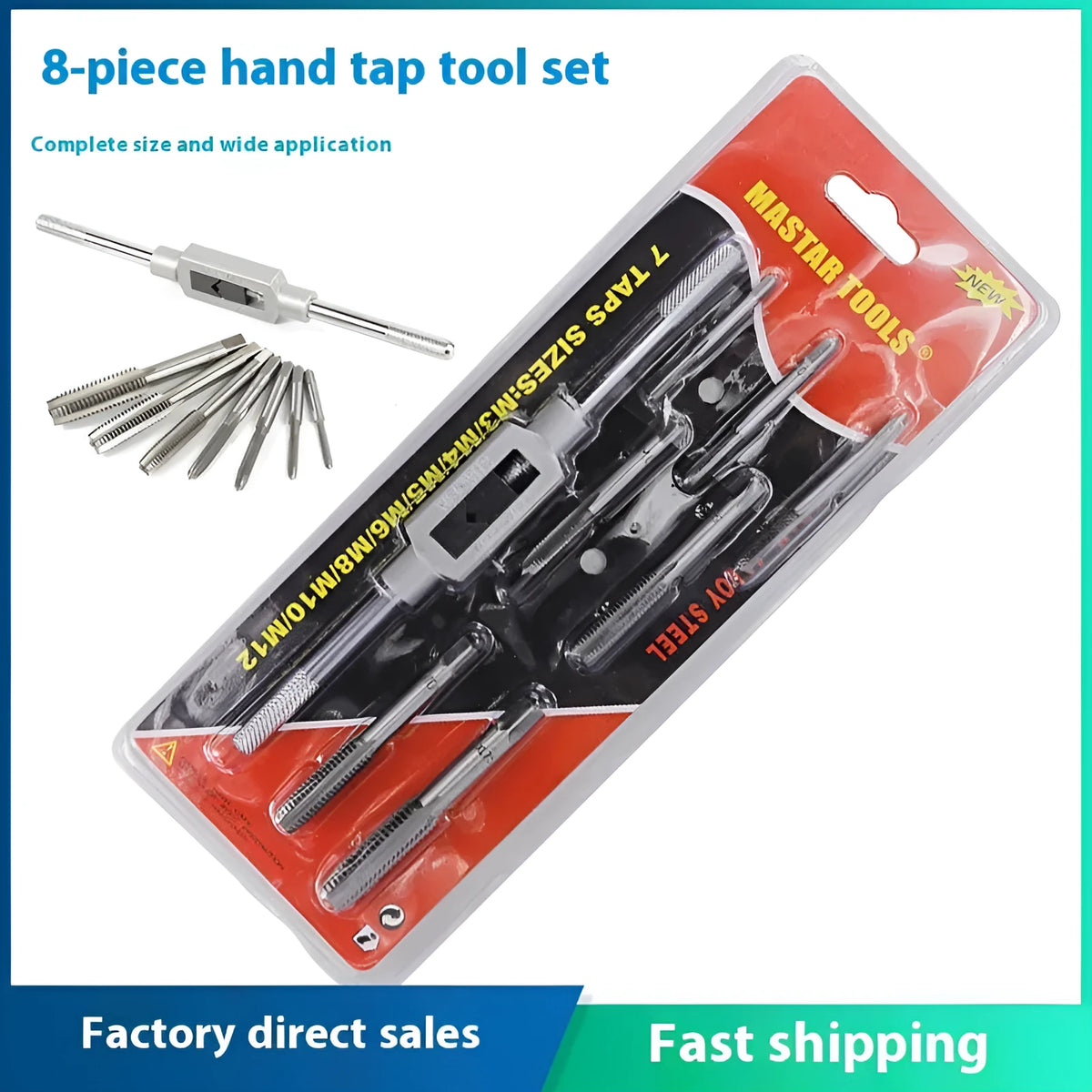 8-piece metric hand tap set M3 to M12 with holder and hinge in storage case