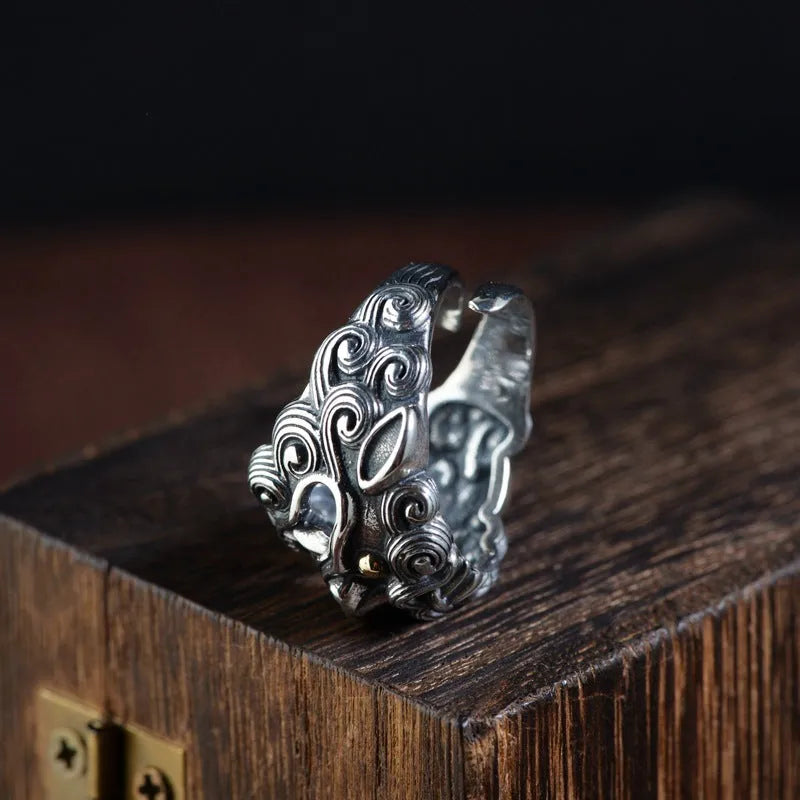 Personalised Jibeast pattern silver open ring with zodiac animal engraving and adjustable band