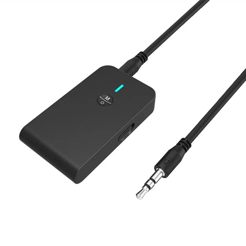 Black Bluetooth 5.0 audio adapter with a 3.5mm plug and external power supply