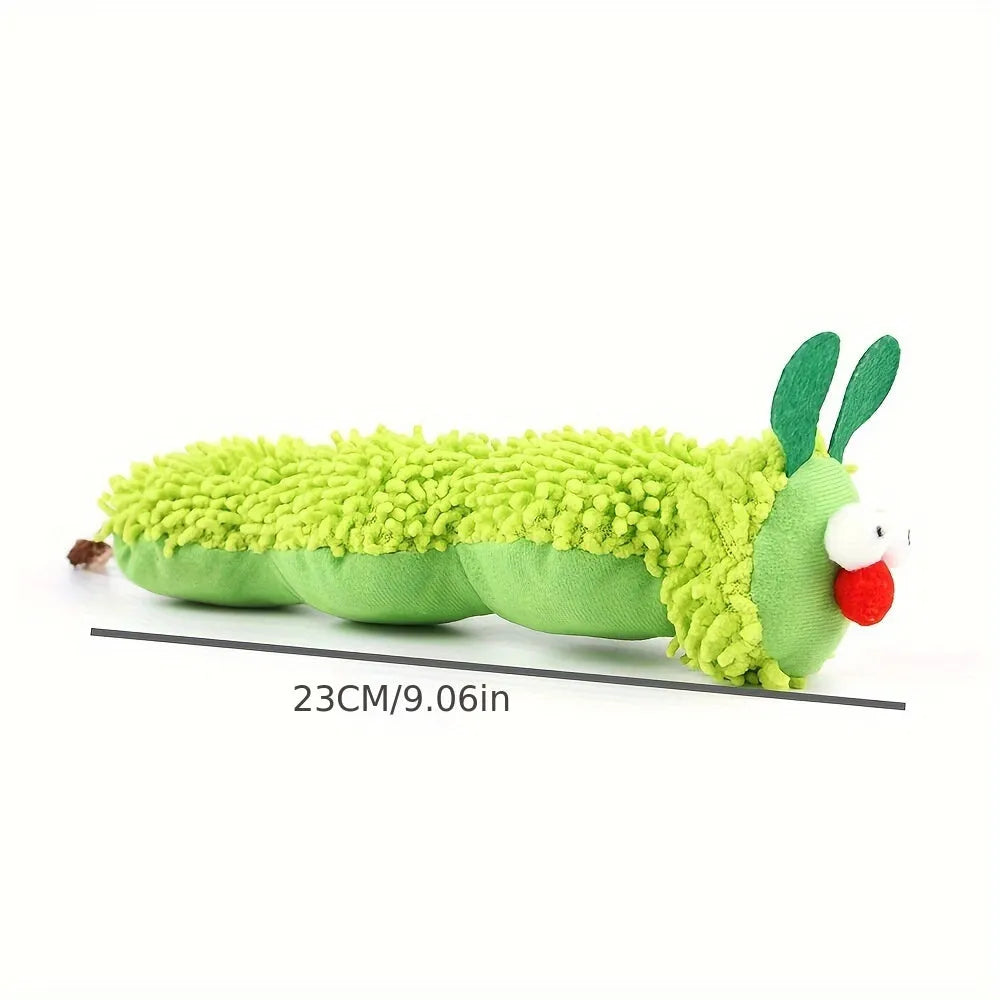 Green interactive plush cat toy pillow measuring 24cm long with sports design