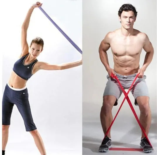 TPE strength training ribbons in multiple colours including blue, green, pink, purple, red, and yellow