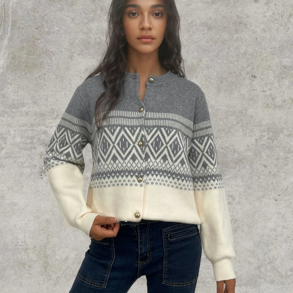 Women's alpaca wool blend cardigan with diamond knit pattern and long sleeves in street fashion style