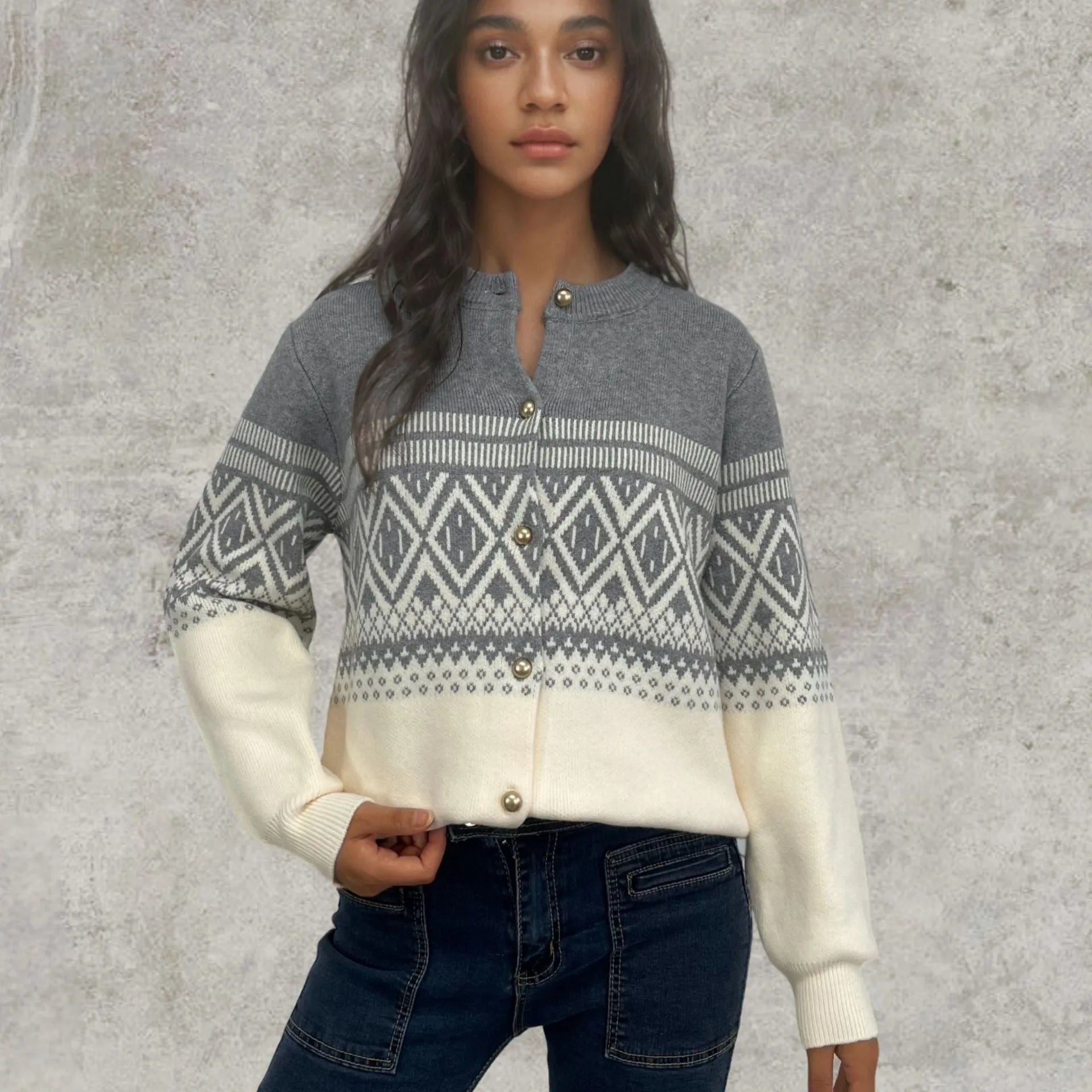 Women's alpaca wool blend cardigan with diamond knit pattern and long sleeves in street fashion style