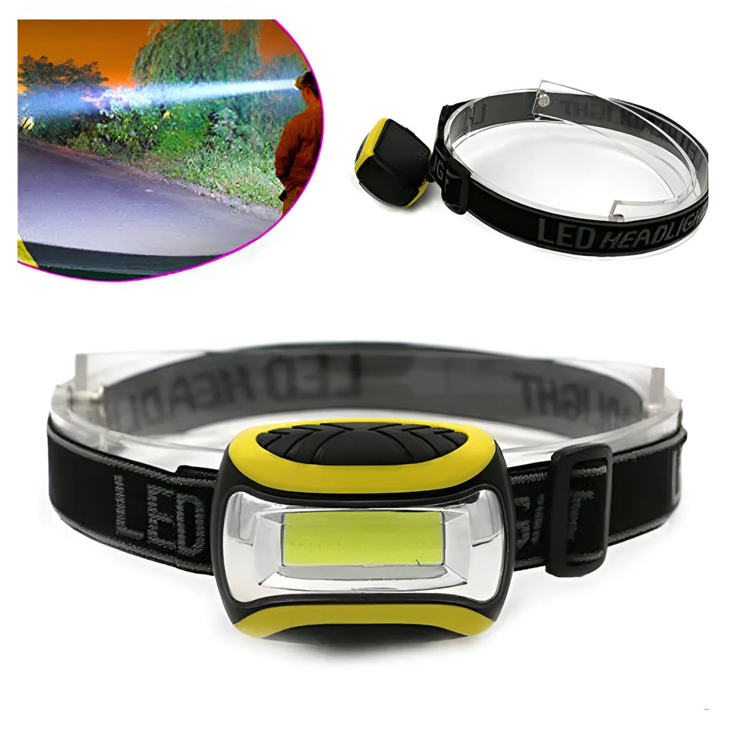 Yellow three-speed COB LED headlamp with adjustable head strap on a black background.
