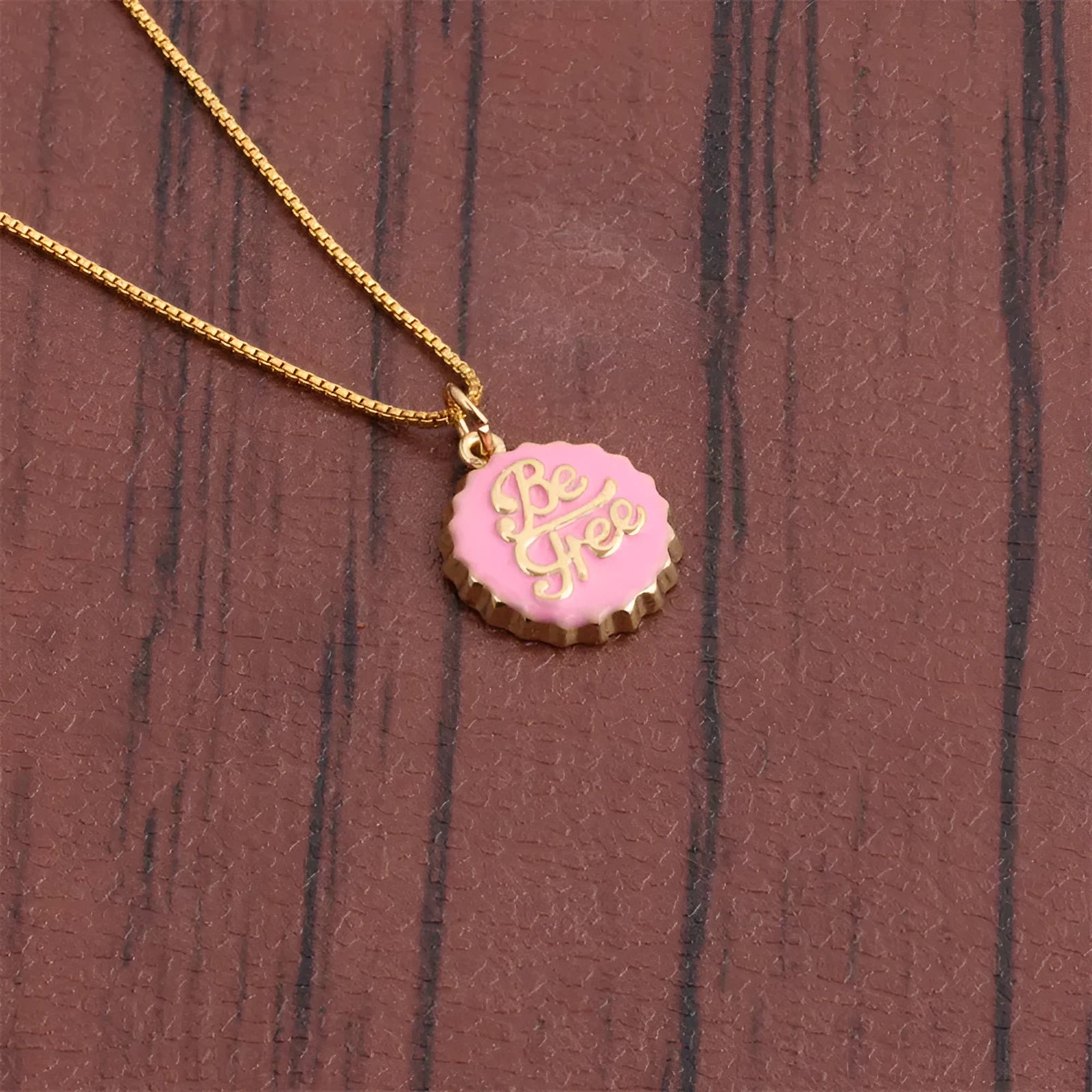 Copper bottle cap pendant necklace with 18K gold electroplating on 40cm box chain in six colour options