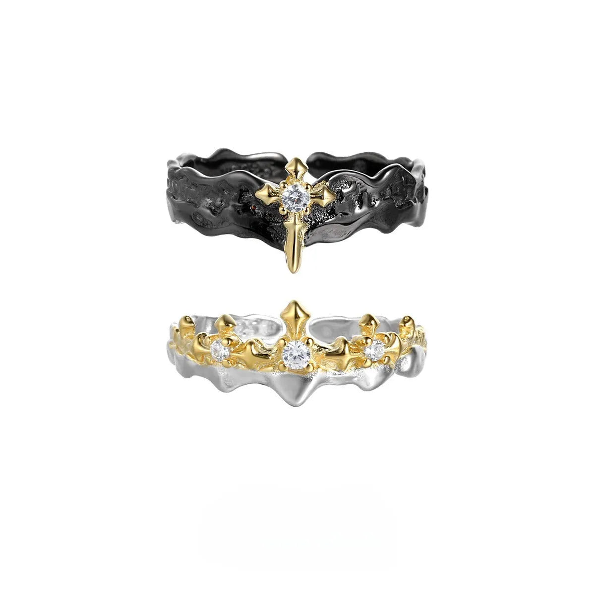 Princess knight couple rings with adjustable opening in electroplated white gold and black gold colours