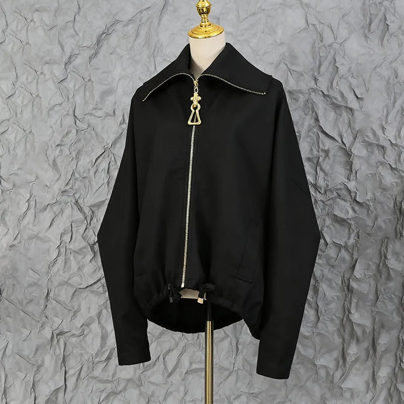 Women's heavy embroidery patchwork loose drawstring jacket in black cotton polyester blend street trendsetter style