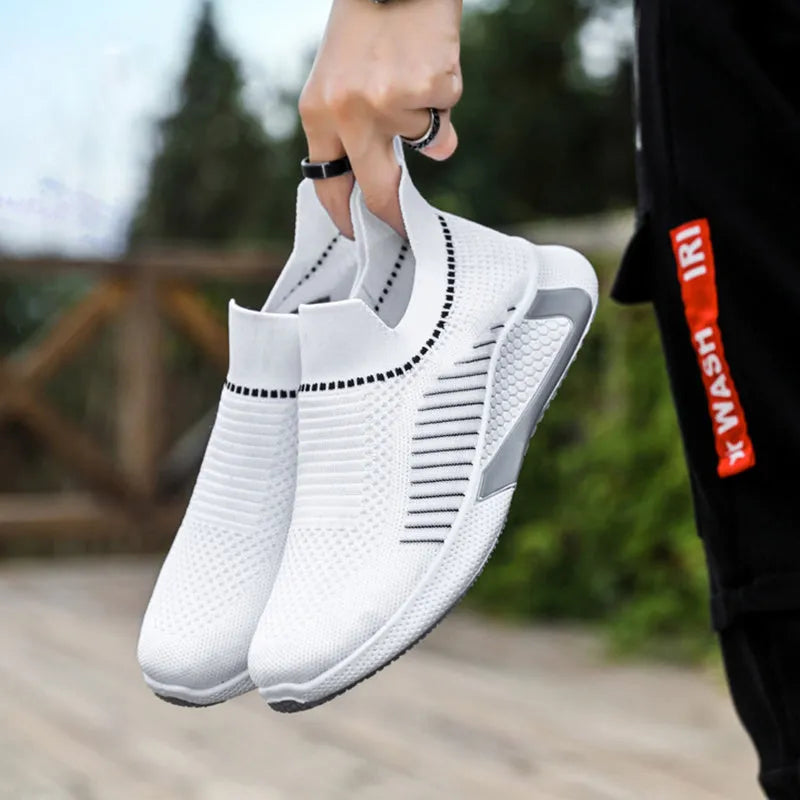 Men's mesh sock shoes with striped flyknit upper and slip-on design