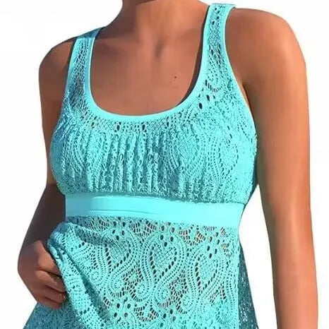 Women's conservative hollow two-piece swimsuit set in a solid colour with briefs bottom