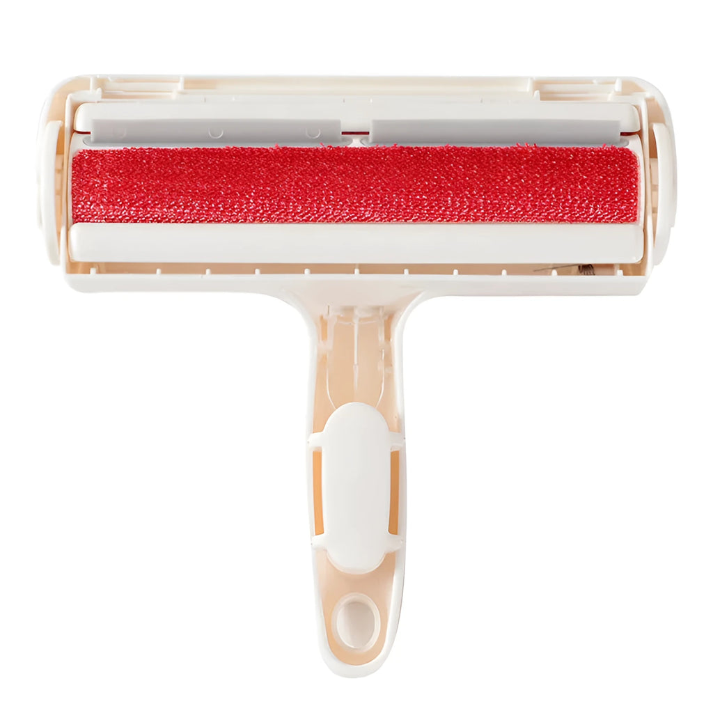 White plastic roller brush for pet hair removal on fabric surface