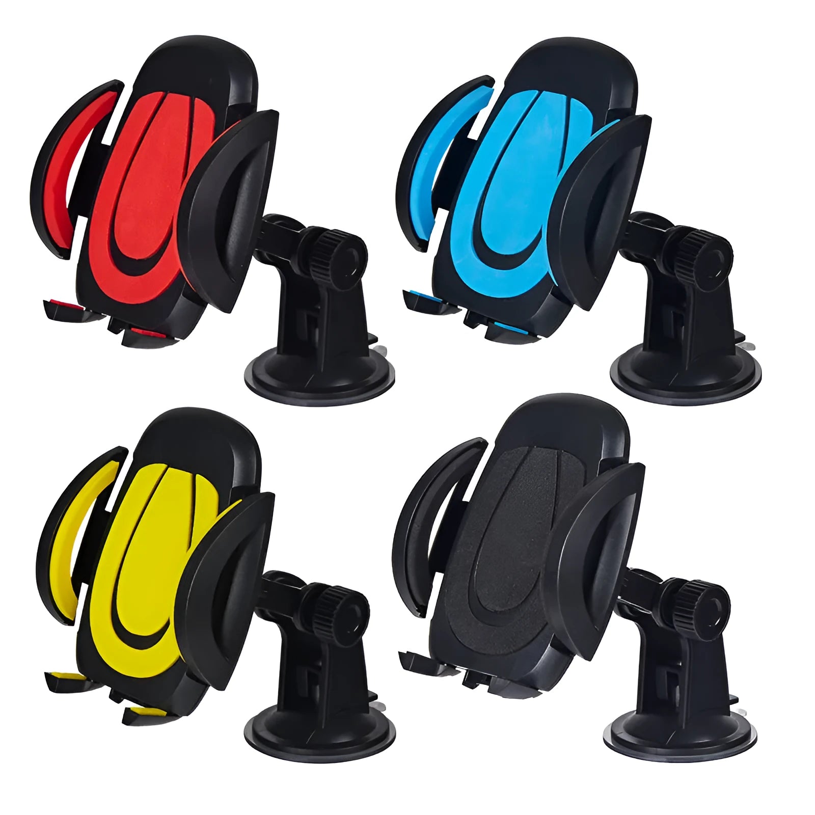 Red U-shaped car phone holder with suction cup base and adjustable clamp arms on a vehicle dashboard