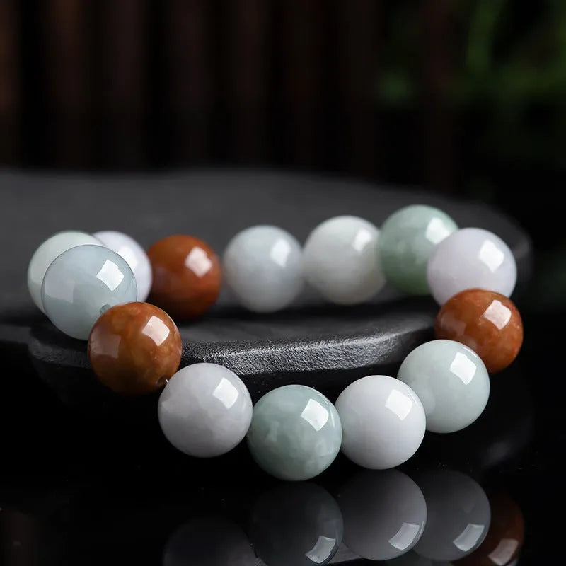 Women's Myanmar jade bracelet with three-colour 13mm round beads and certificate