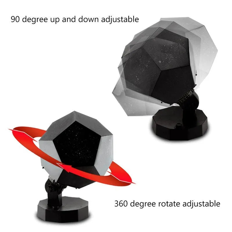 A white plastic LED star projector night light with remote control on a table.
