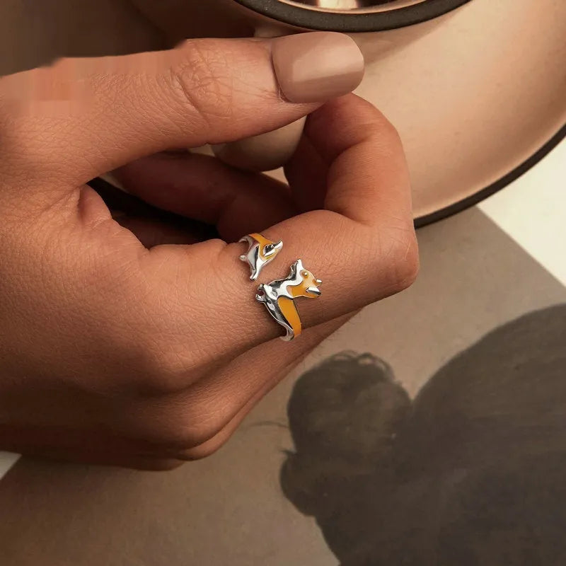 Women's silver electroplated ring with cartoon corgi pet design in SCR1014-E colour