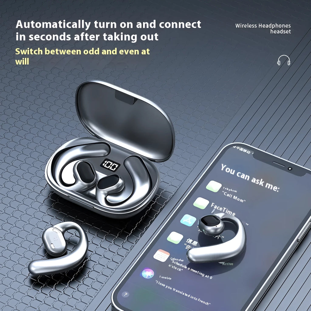 Black and white ear-mounted Bluetooth headset with a digital display screen on the side.