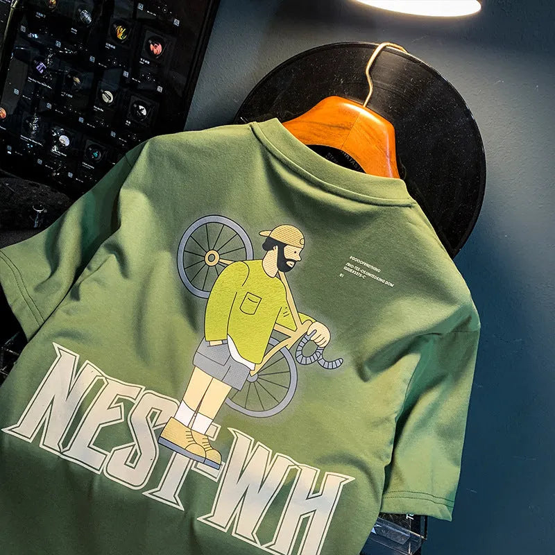 Green loose fit men's printed t-shirt with short sleeves on hanger