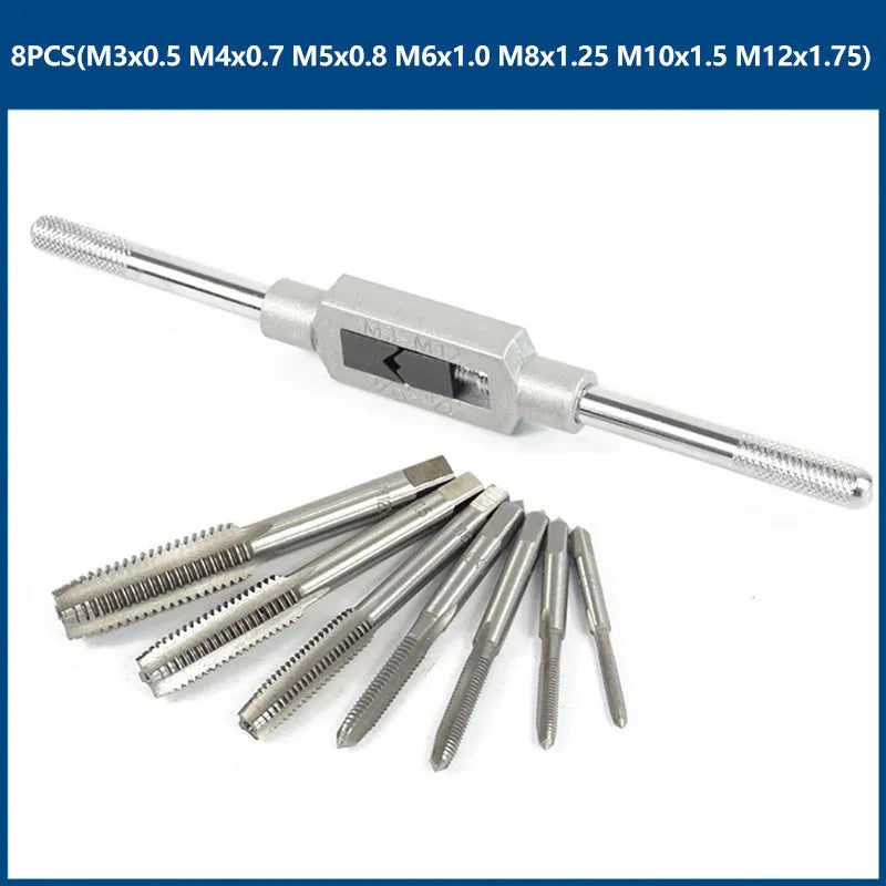 8-piece metric hand tap set M3 to M12 with holder and hinge in storage case