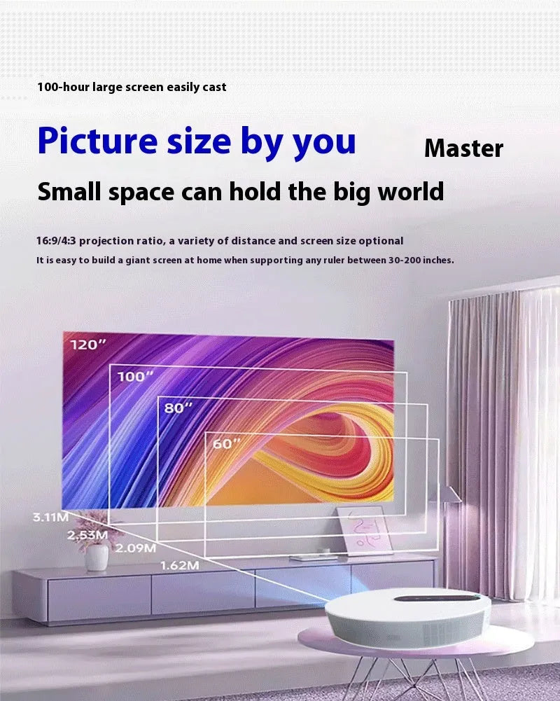White HD home projector with remote control on a wooden table