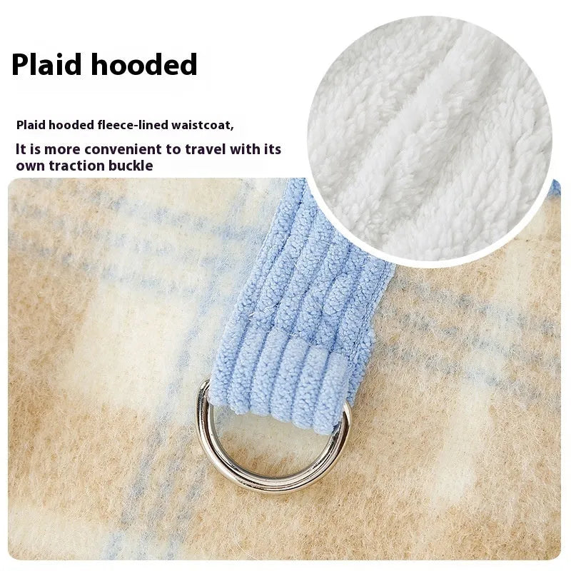 Blue chessboard grid corduroy dog vest with hooded traction feature showing weight-based sizing