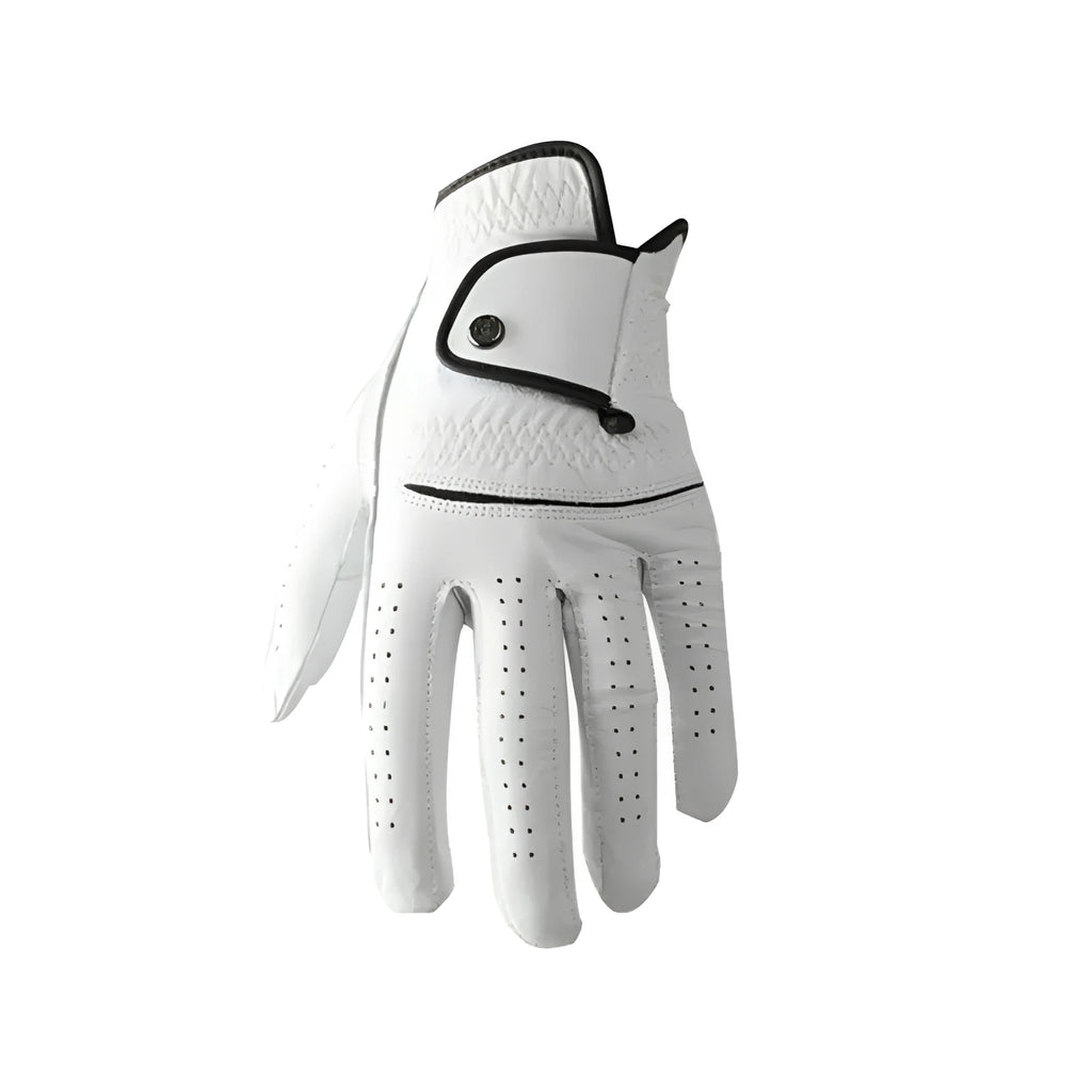 White half sheepskin men's golf glove laid flat, showing its casual style and non-slip palm.