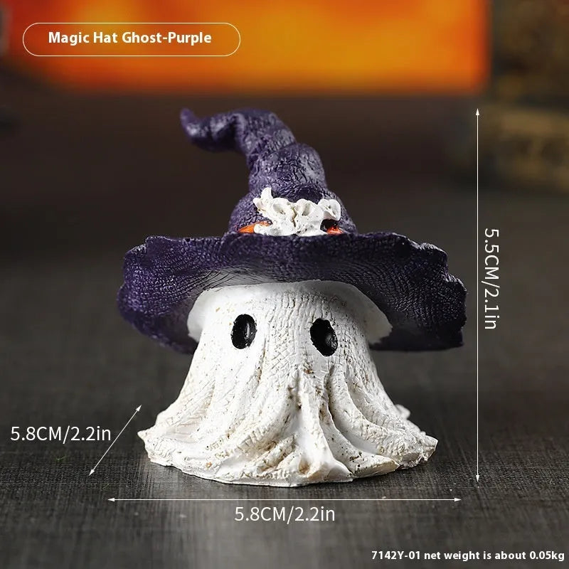 Purple and black solid resin wizard hat ghost ornaments for Halloween and Christmas decor.