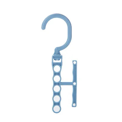 Blue revolving plastic wardrobe hanger with five holes and a top handle on a white background.