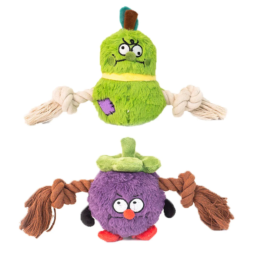 Green and purple interactive plush rope dog toy with knot design and squeaker for tug-of-war games.