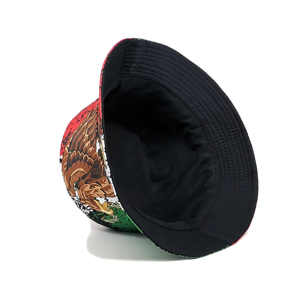 Eagle pattern polyester bucket hat with dome crown in retro style