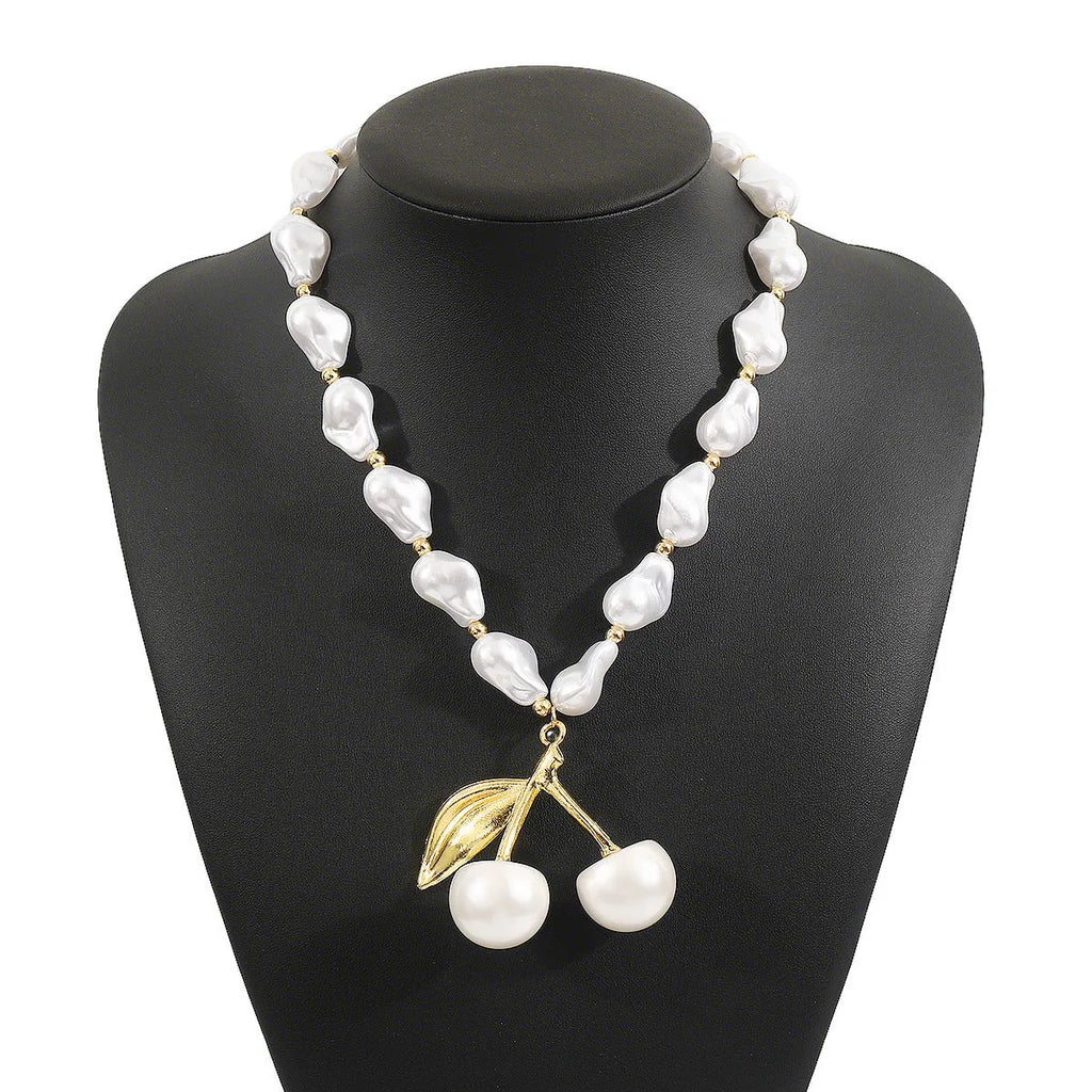Women's creative necklace with fruit pendant on adjustable pearl chain in gold or white