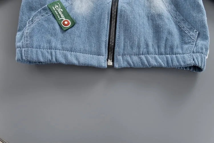 Denim three-piece children's cotton suit with zipper shirt top, coat, and pants for 80-110cm heights