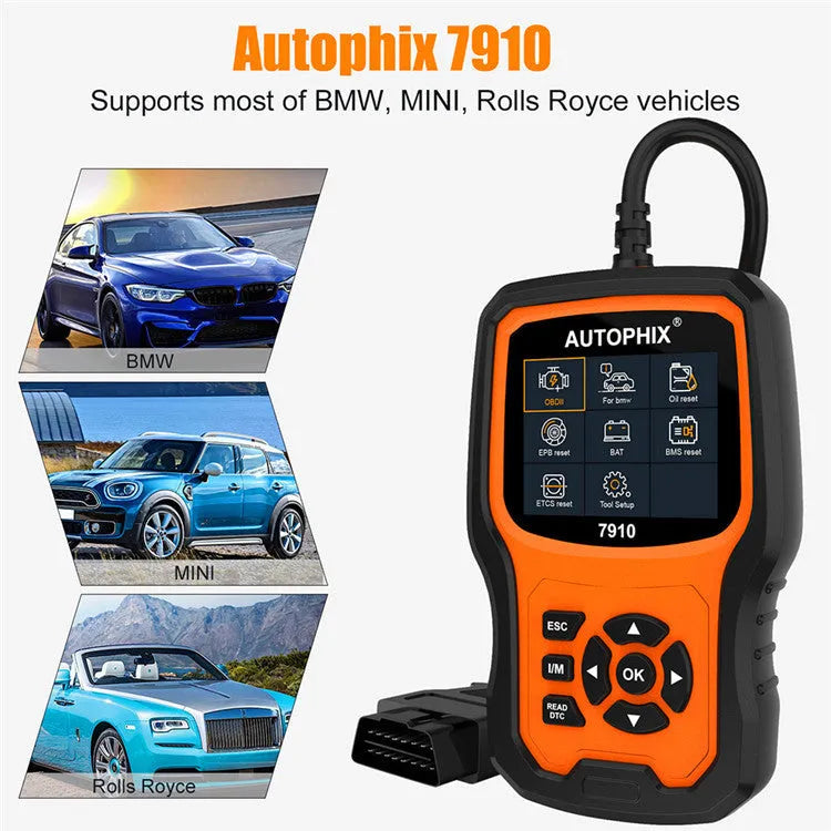 Autophix 7910 BMW OBD2 diagnostic scanner tool with display screen and connector cable for vehicle maintenance