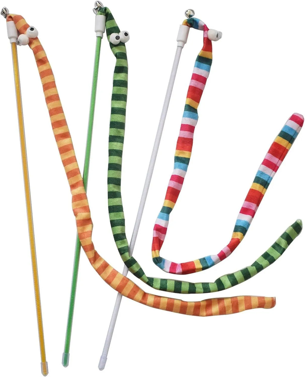 Cat wand toy with polycarbonate handle and colourful plush strip for interactive play