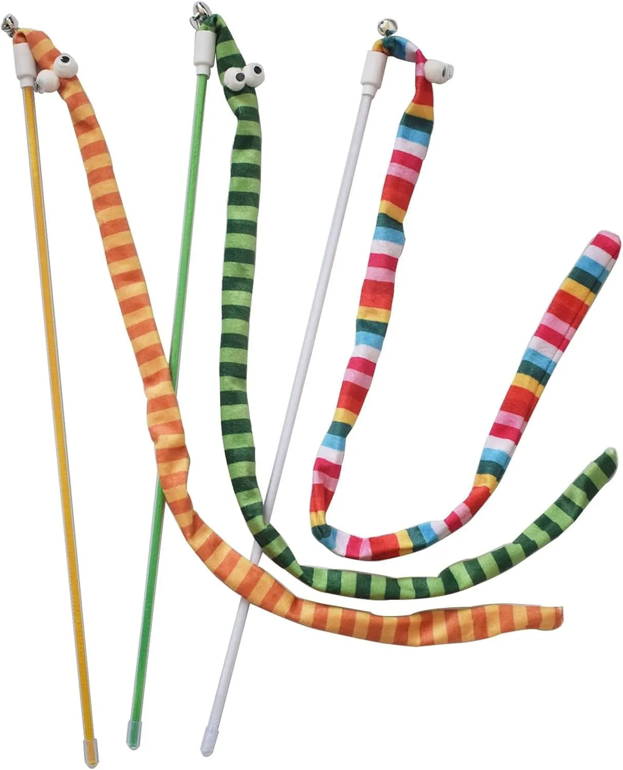 Cat wand toy with polycarbonate handle and colourful plush strip for interactive play