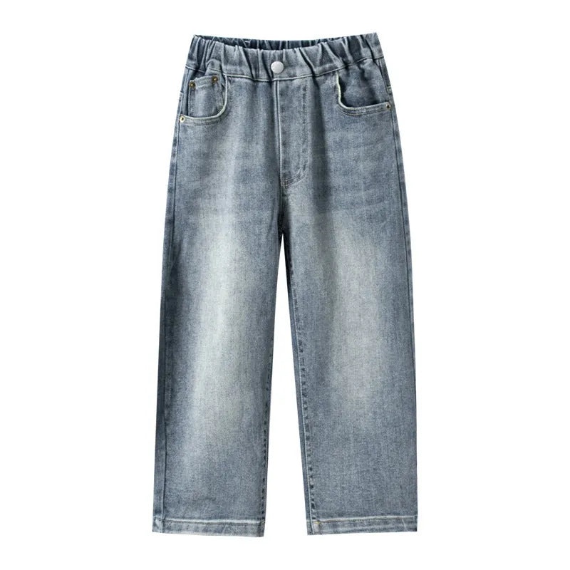 Men's straight loose blue denim jeans solid colour cotton trousers height 120cm to 170cm