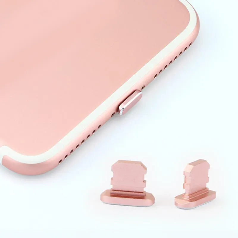 Aluminium alloy iPhone charging port dust plug shown in gold, silver, blue, red, grey, black, rose gold, and rose colours.