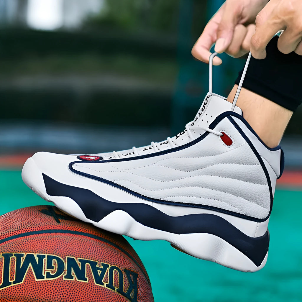 Men's high-top basketball shoes in AJ13 colours with thick rubber sole and mesh upper