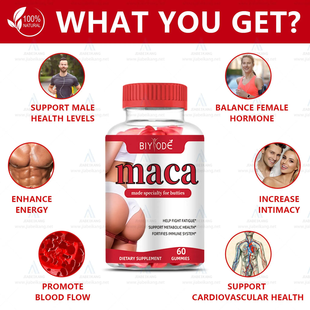 Maca gummies for hip and booty curve support in a bottle with 60 gummies, original flavour, beauty shape supplement