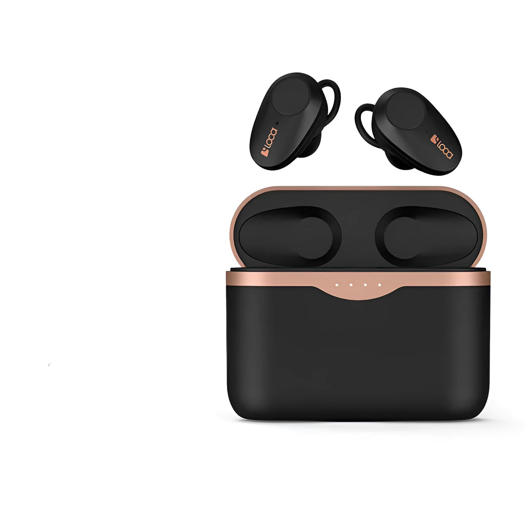 Black wireless Bluetooth earbuds with charging stand featuring ANC and 10m range.