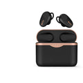Black wireless Bluetooth earbuds with charging stand featuring ANC and 10m range.